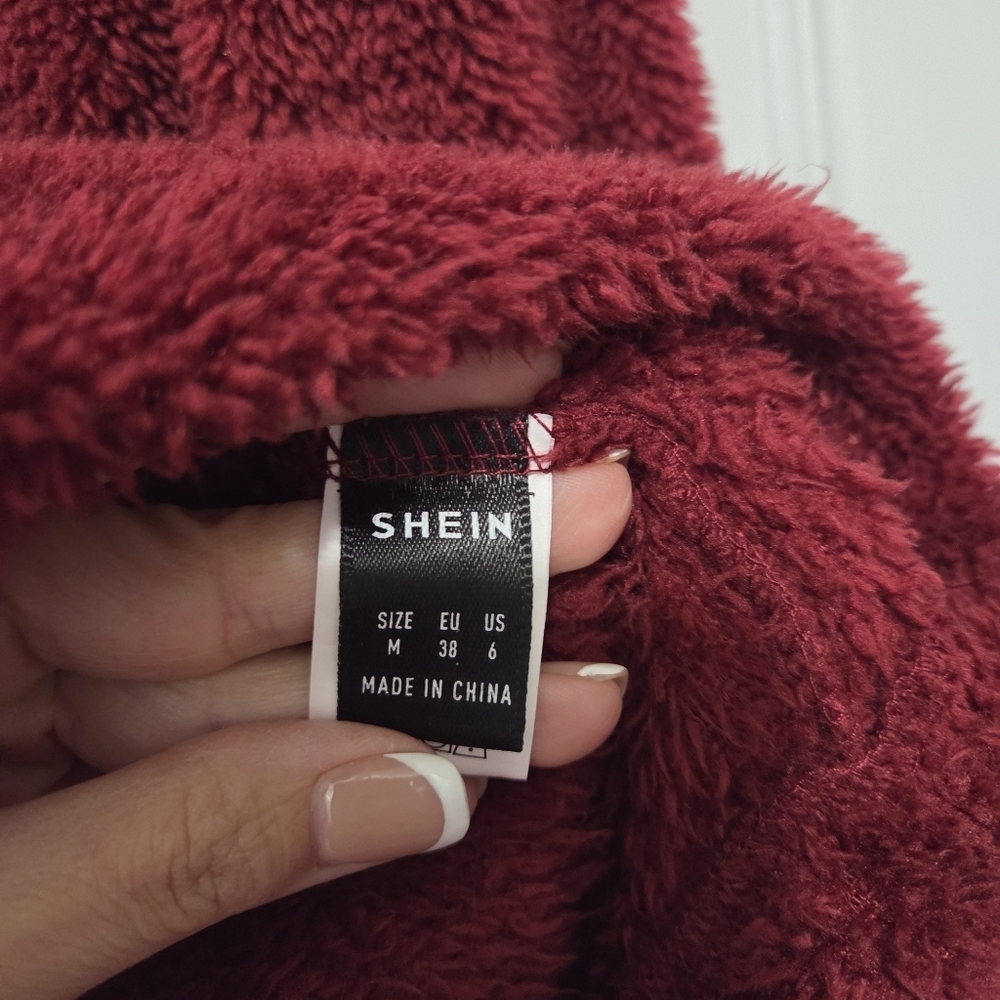 Shein High Neck Drop Shoulder Oversized Burgundy Teddy Sweatshirt Size Medium - Picture 7 of 10